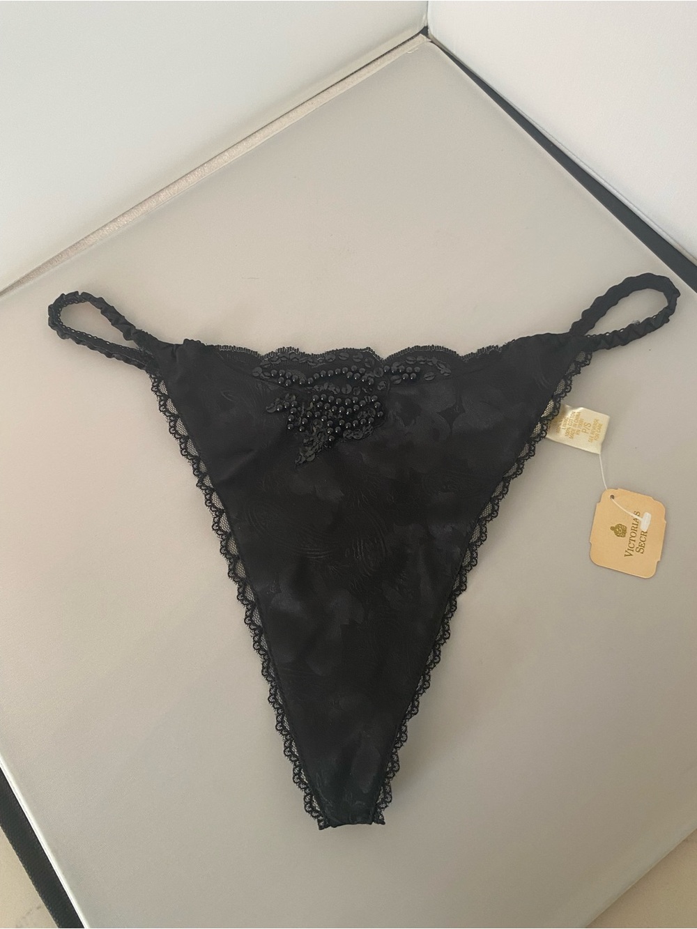 NWT Victoria's Secret Black Beaded Lace Thong size P/S